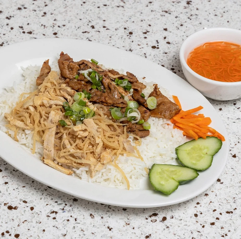 Grilled pork with steamed rice, com thit nuong, served at Saigon Royal Restaurant Calgary
