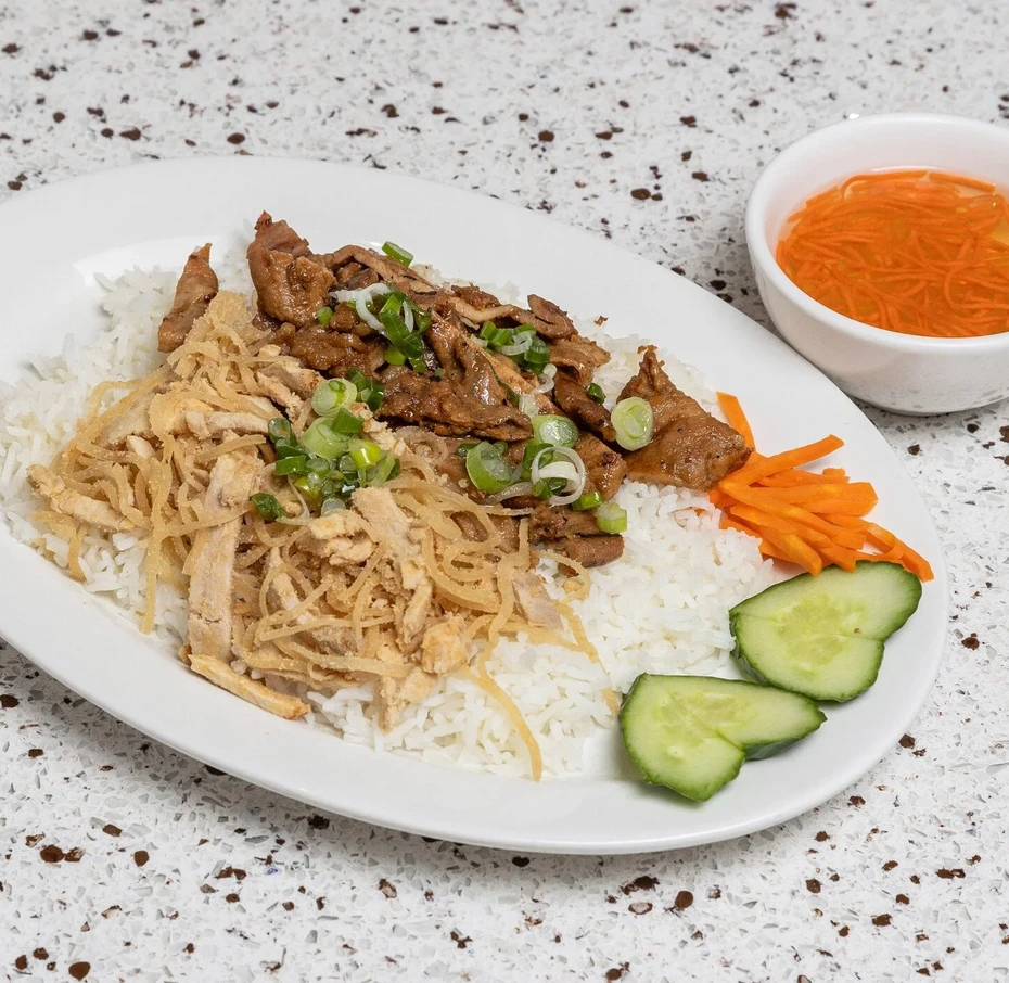 Grilled pork with steamed rice, a Vietnamese com thit nuong plate served in Calgary SE